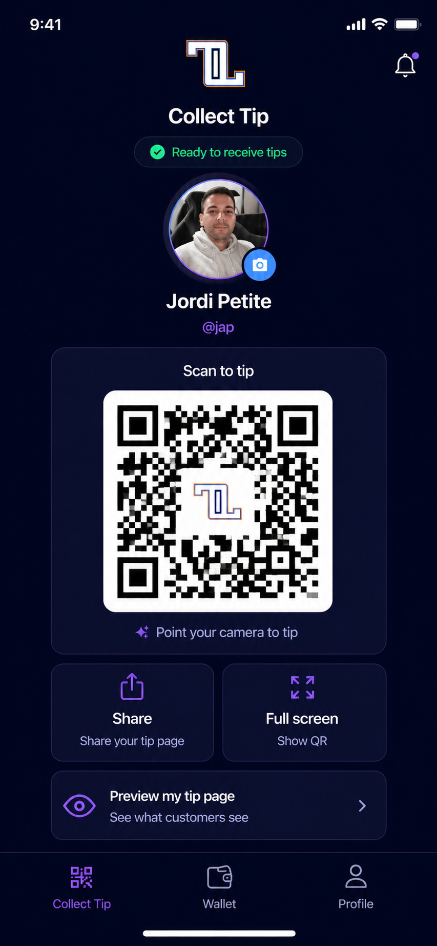 Tip4Tab Collect Tip screen — your QR code, ready to receive tips