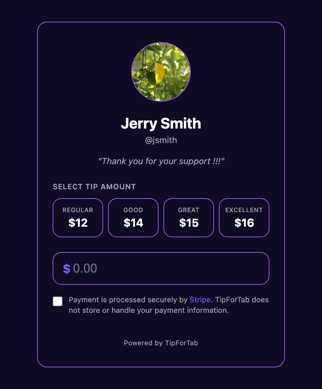 A worker's Tip4Tab tip page opened in the browser, with preset amounts and a custom field