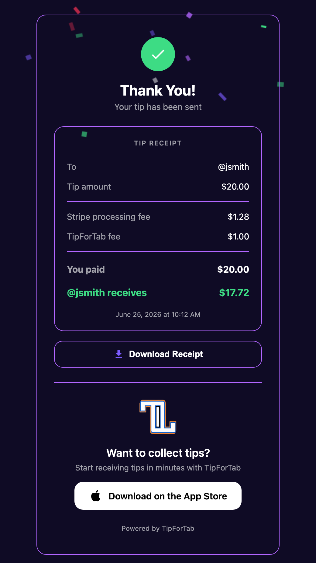 Tip4Tab receipt showing the tip, fees, and the amount the worker receives, with a download button