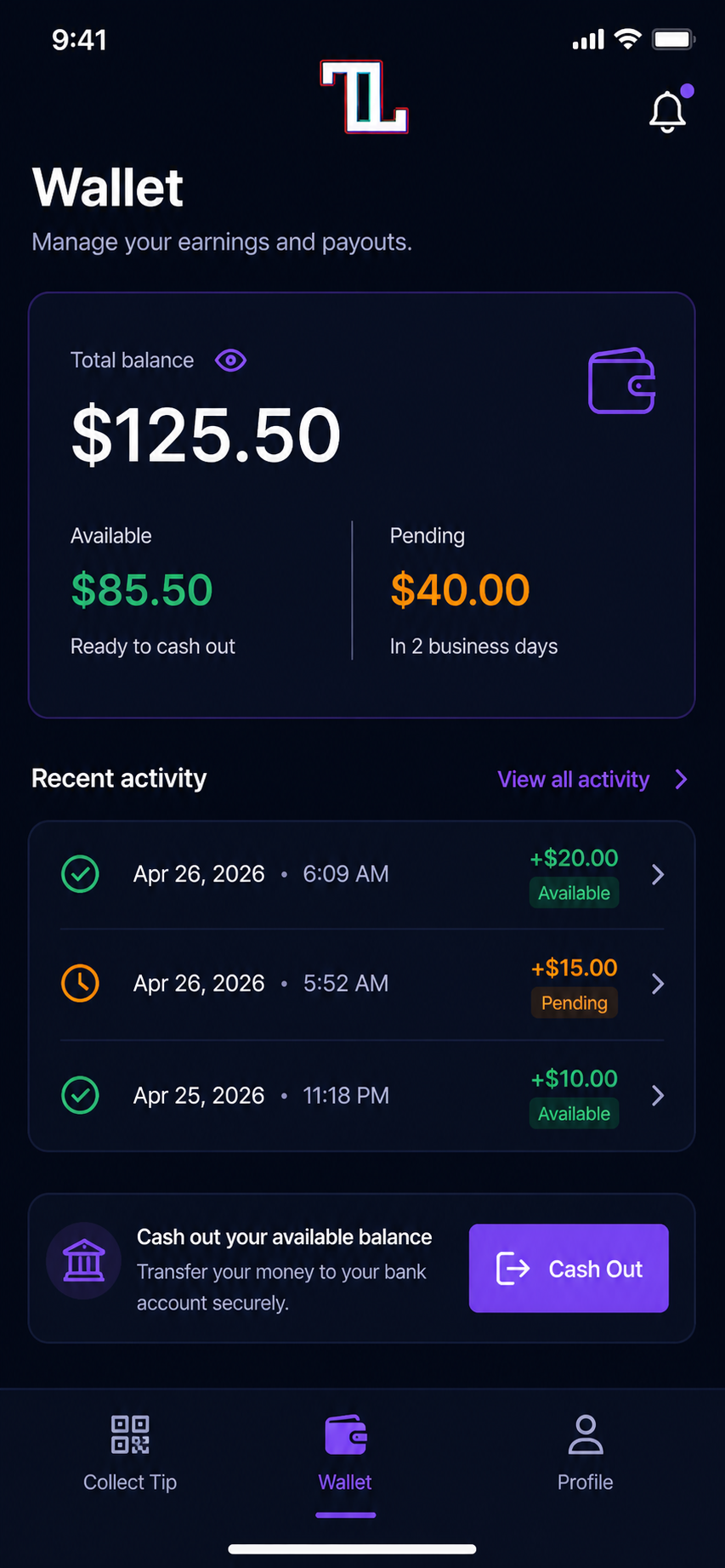 Tip4Tab Wallet — balance, recent activity, and cash out