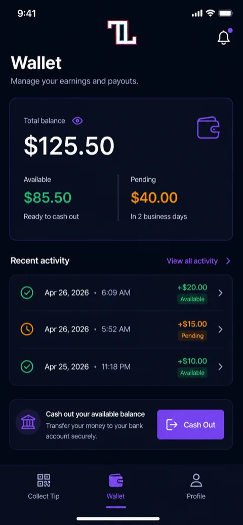 Wallet dashboard showing balance, recent tips, and cash out